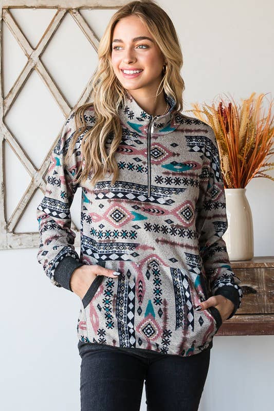 HEIMISH - ET6802-10 PUFF SLEEVE MULTI COLOR AZTEC TOP WITH ZIPPER