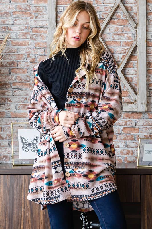 HEIMISH - EJ6401-23 AZTEC PRINT BUTTON DOWN CARDIGAN Plus