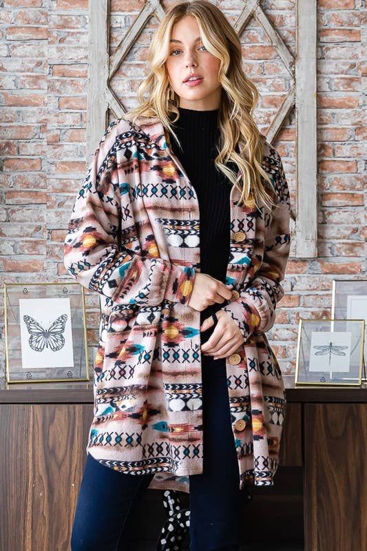 HEIMISH - EJ6401-23 AZTEC PRINT BUTTON DOWN CARDIGAN Plus