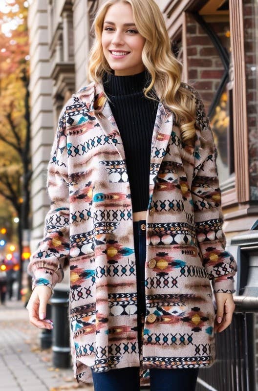 HEIMISH - EJ6401-23 AZTEC PRINT BUTTON DOWN CARDIGAN Plus