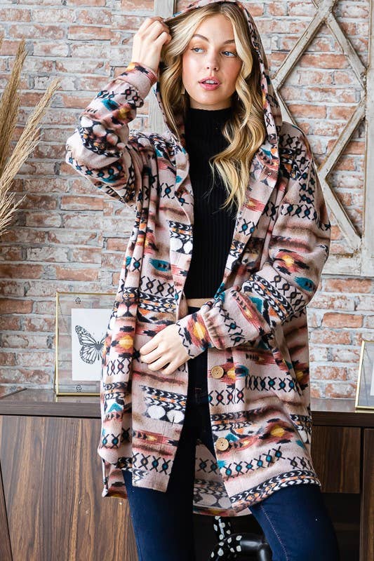 HEIMISH - EJ6401-23 AZTEC PRINT BUTTON DOWN CARDIGAN Plus