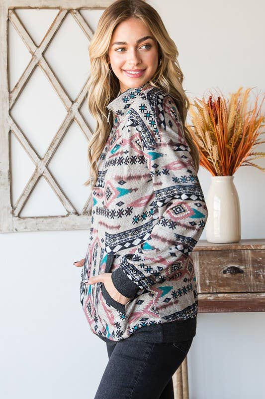 HEIMISH - ET6802-10 PUFF SLEEVE MULTI COLOR AZTEC TOP WITH ZIPPER